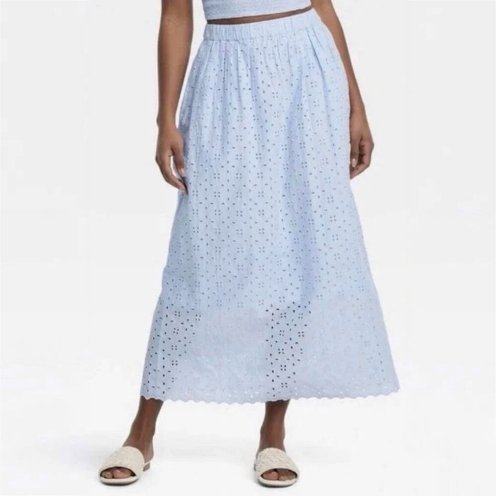 Universal Thread Sky Blue Eyelet Elastic Waistband Cotton Maxi Skirt Womens Sz L